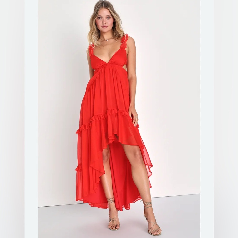 Lulu’s Red Chiffon Tiered High-Low Dress Size Large